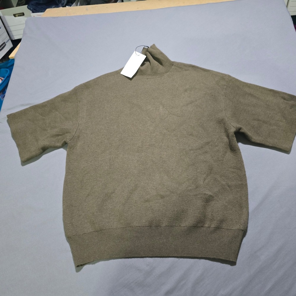 Zara Knit Top Women L Green Wool Blend Mock Neck Short Sleeve Sweater Academia